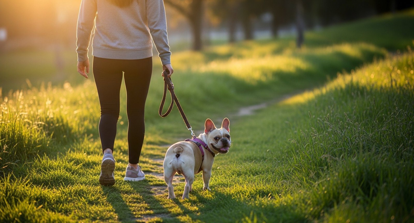 Sarah walking with Frenchie