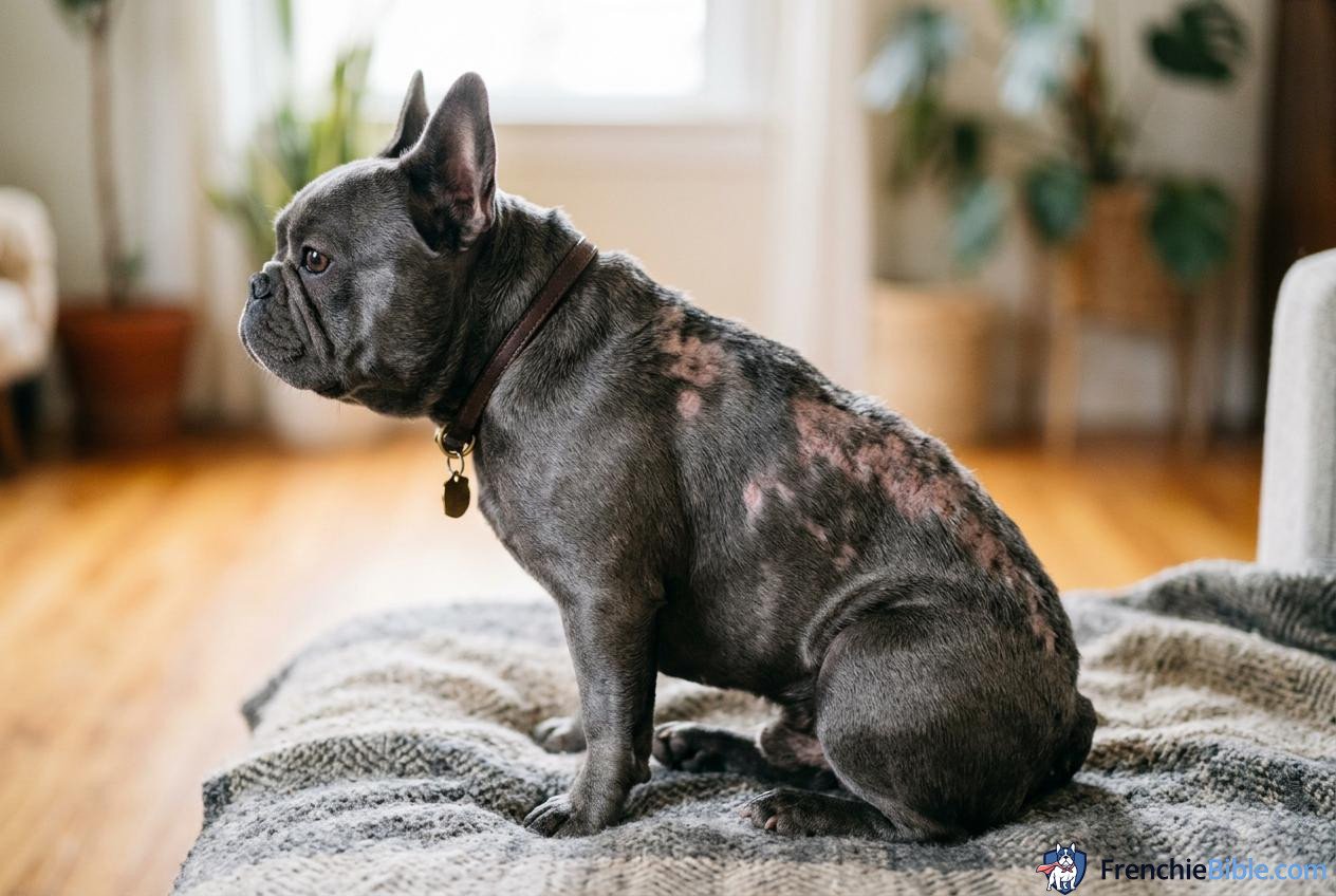 Blue French Bulldog with Color Dilution Alopecia showing hair thinning on back