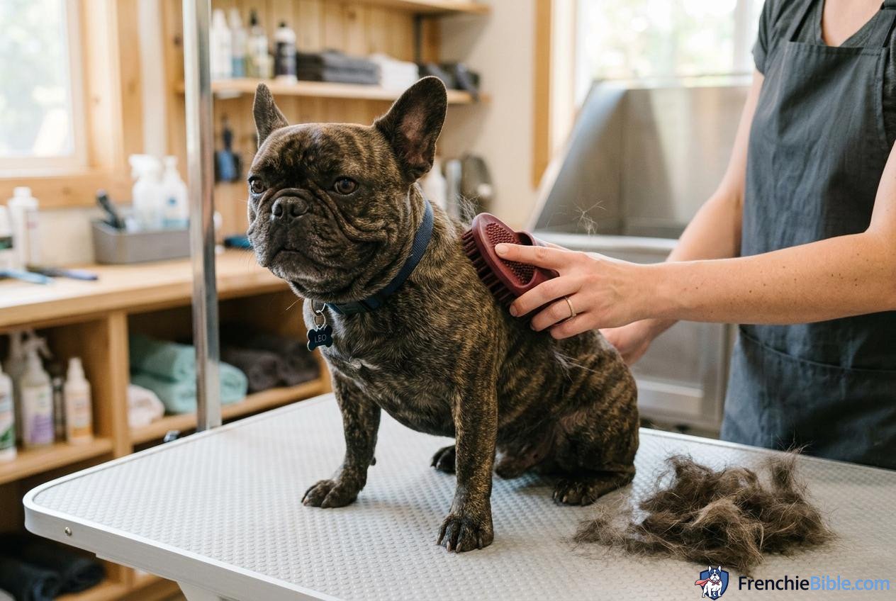French Bulldog being brushed during grooming