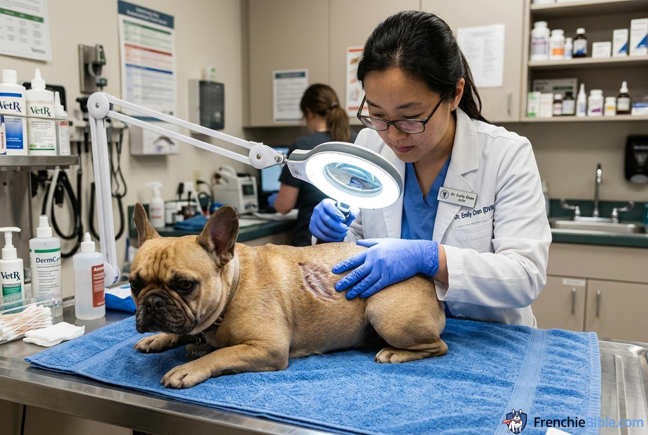 Veterinarian examining French Bulldog coat and skin