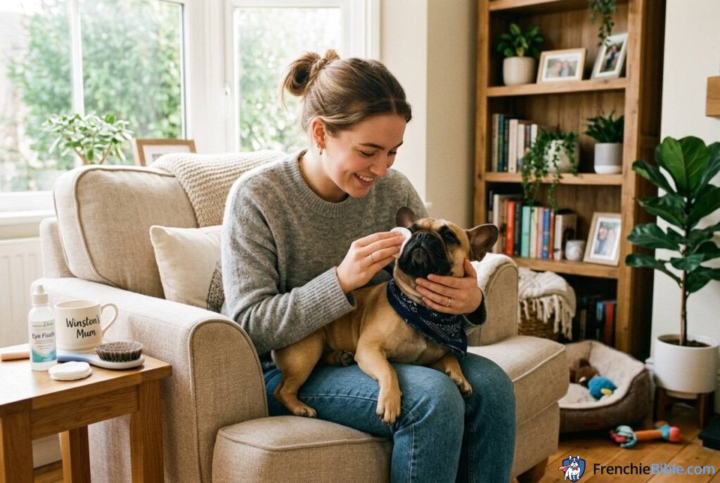 French Bulldog daily care routine, owner bonding moment, warm home lighting