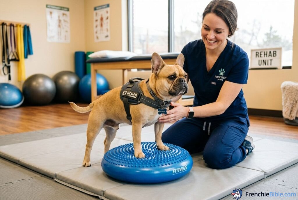 French Bulldog rehab exercise, balance disc, physical therapy