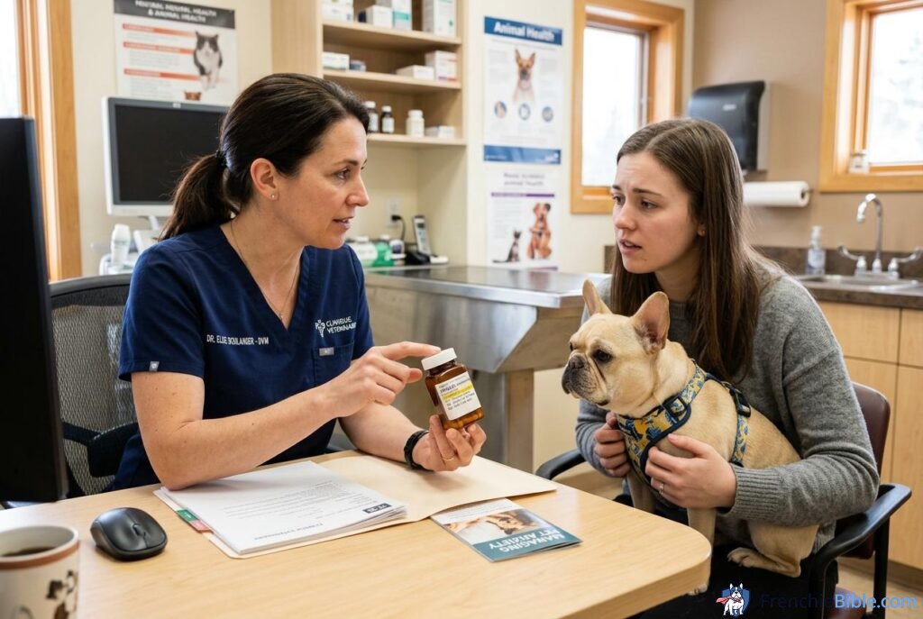 French Bulldog anxiety medication discussion, vet showing Prozac prescription bottle, consultation