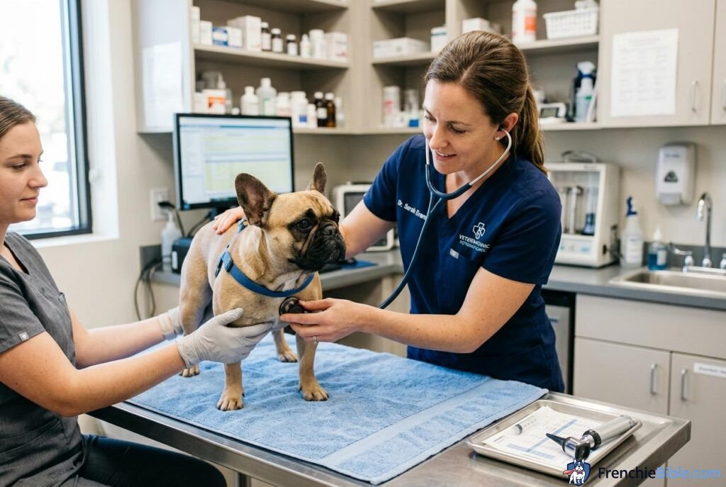 French Bulldog veterinary checkup, stethoscope, clinical setting, professional photo