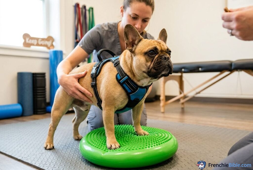 French Bulldog rehab exercise, balance disc, physical therapy