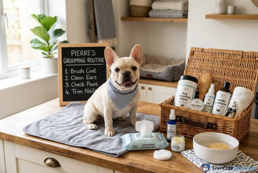 French Bulldog hygiene maintenance, cleaning supplies arranged, organized care routine