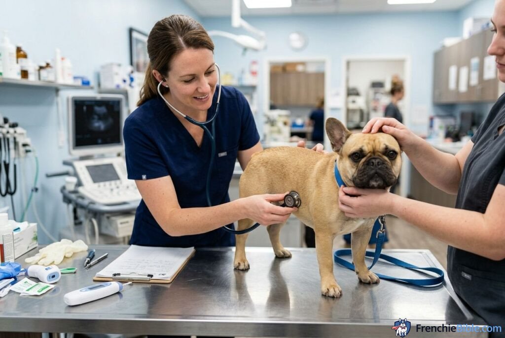 French Bulldog veterinary checkup, stethoscope, clinical setting, professional photo
