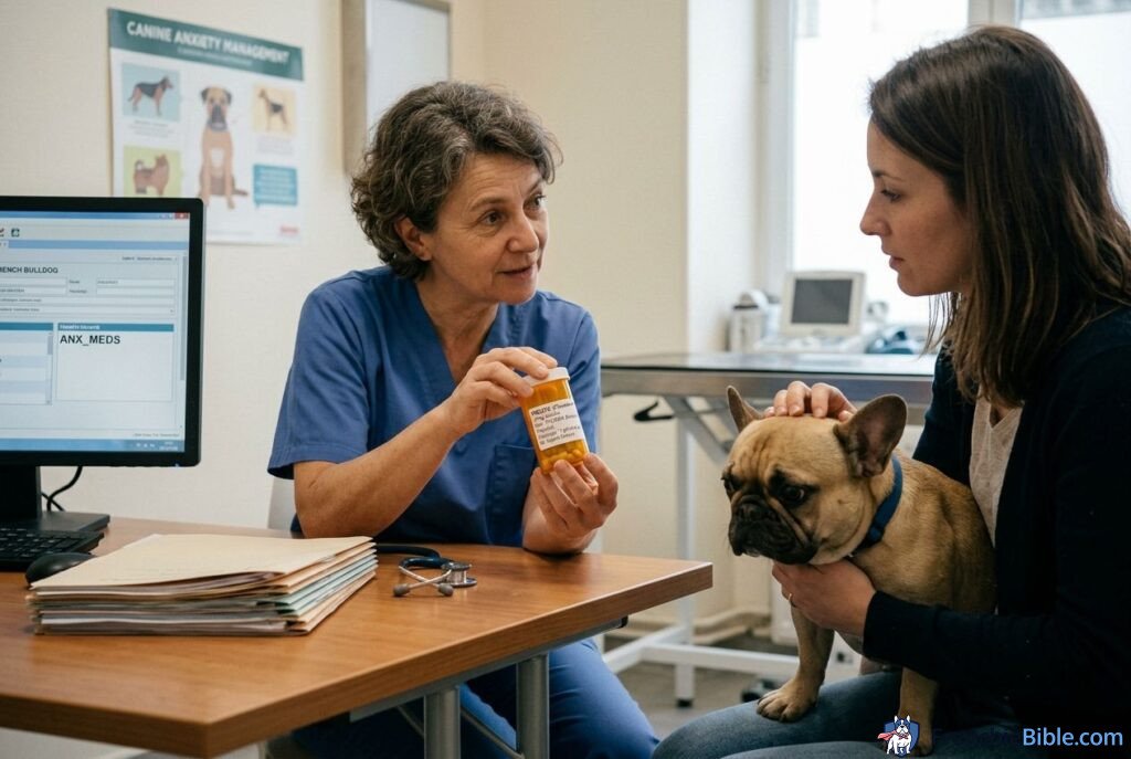 French Bulldog anxiety medication discussion, vet showing Prozac prescription bottle, consultation