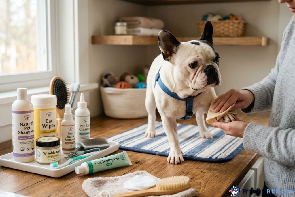 French Bulldog hygiene maintenance, cleaning supplies arranged, organized care routine