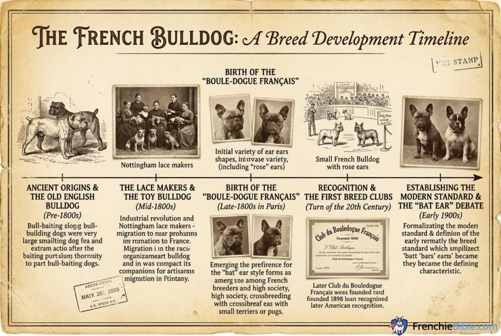 French Bulldog historical breed development, vintage photo style, educational timeline
