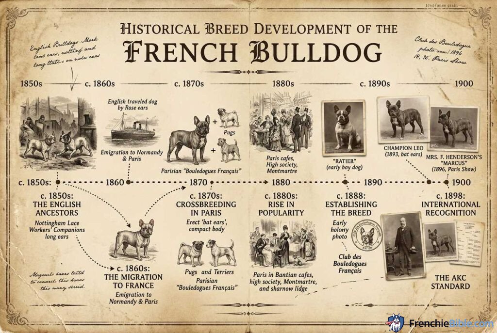 French Bulldog historical breed development, vintage photo style, educational timeline