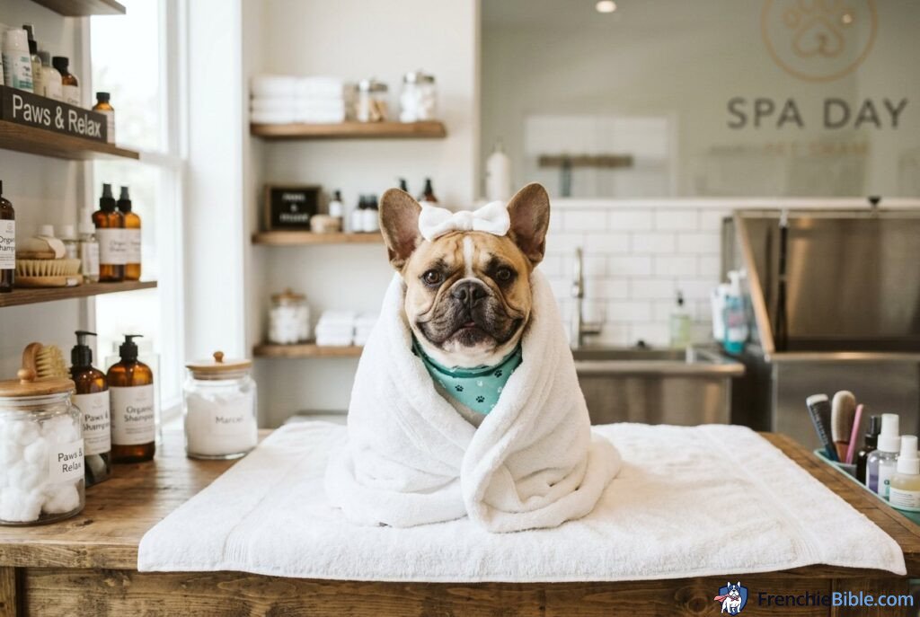 French Bulldog spa day, towel wrap, clean bright grooming area, professional photo