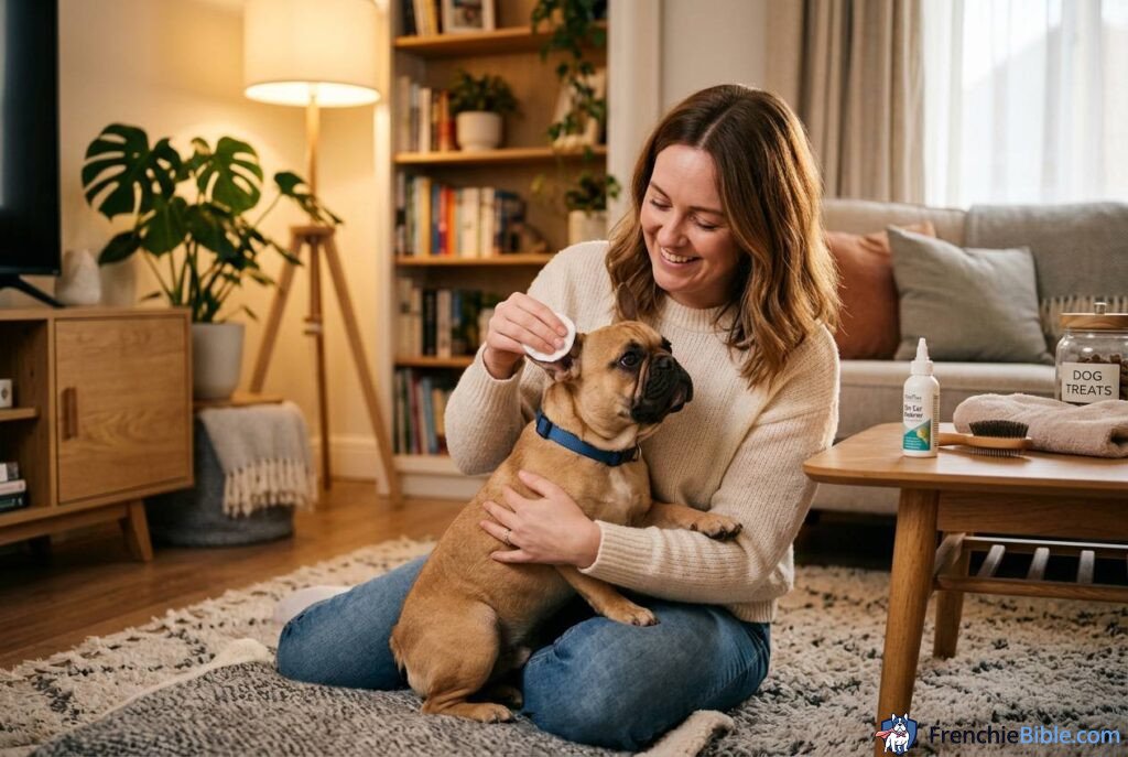 French Bulldog daily care routine, owner bonding moment, warm home lighting