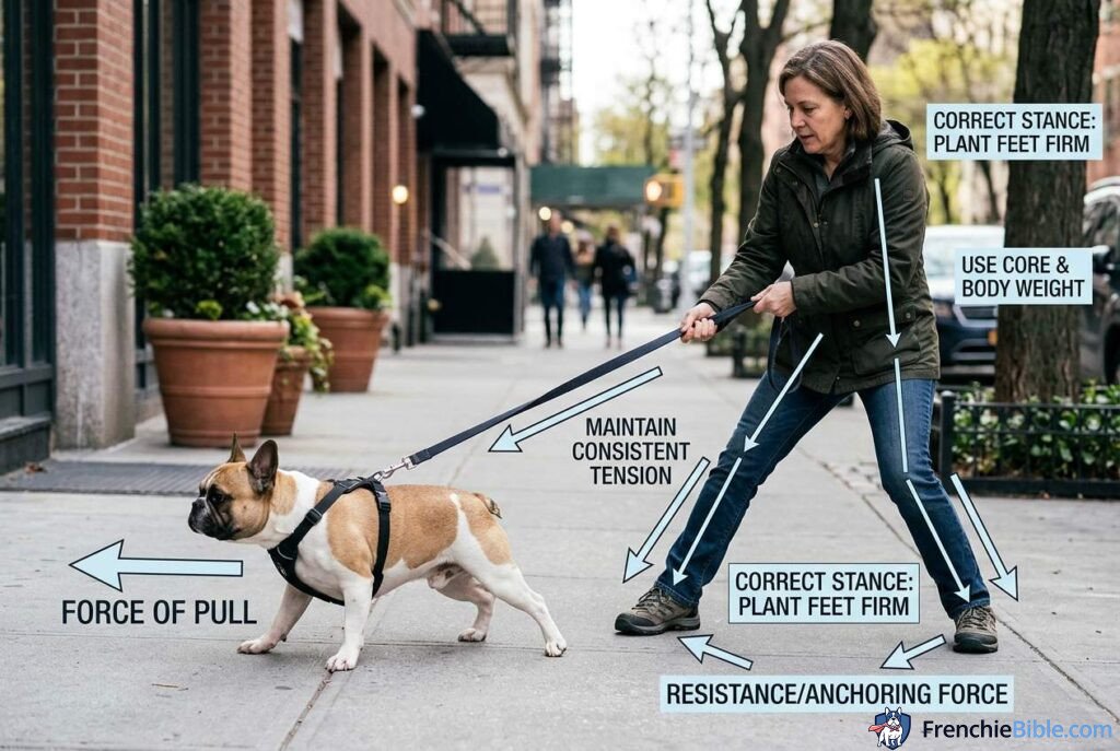 French Bulldog leash pulling forward, owner planting feet firmly, street setting