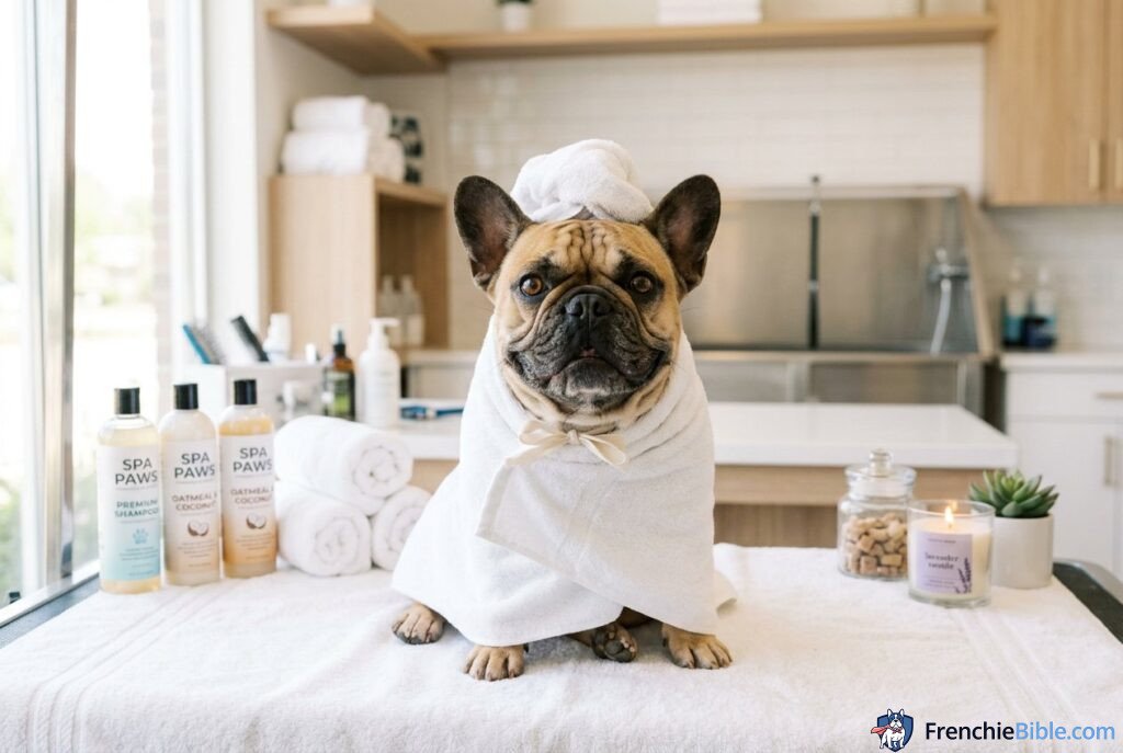 French Bulldog spa day, towel wrap, clean bright grooming area, professional photo