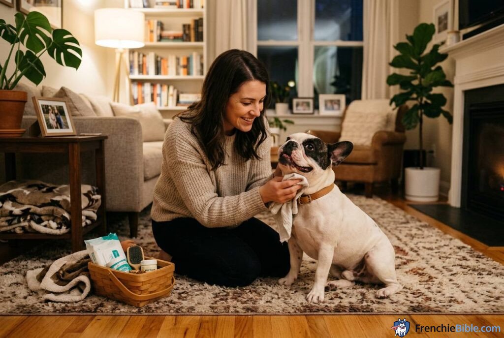 French Bulldog daily care routine, owner bonding moment, warm home lighting