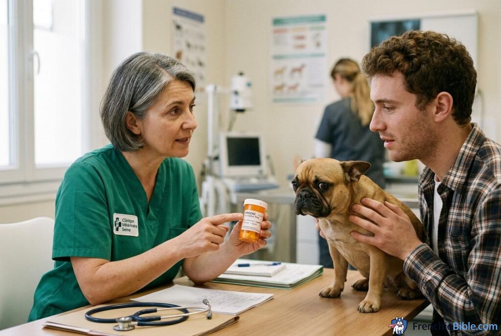 French Bulldog anxiety medication discussion, vet showing Prozac prescription bottle, consultation